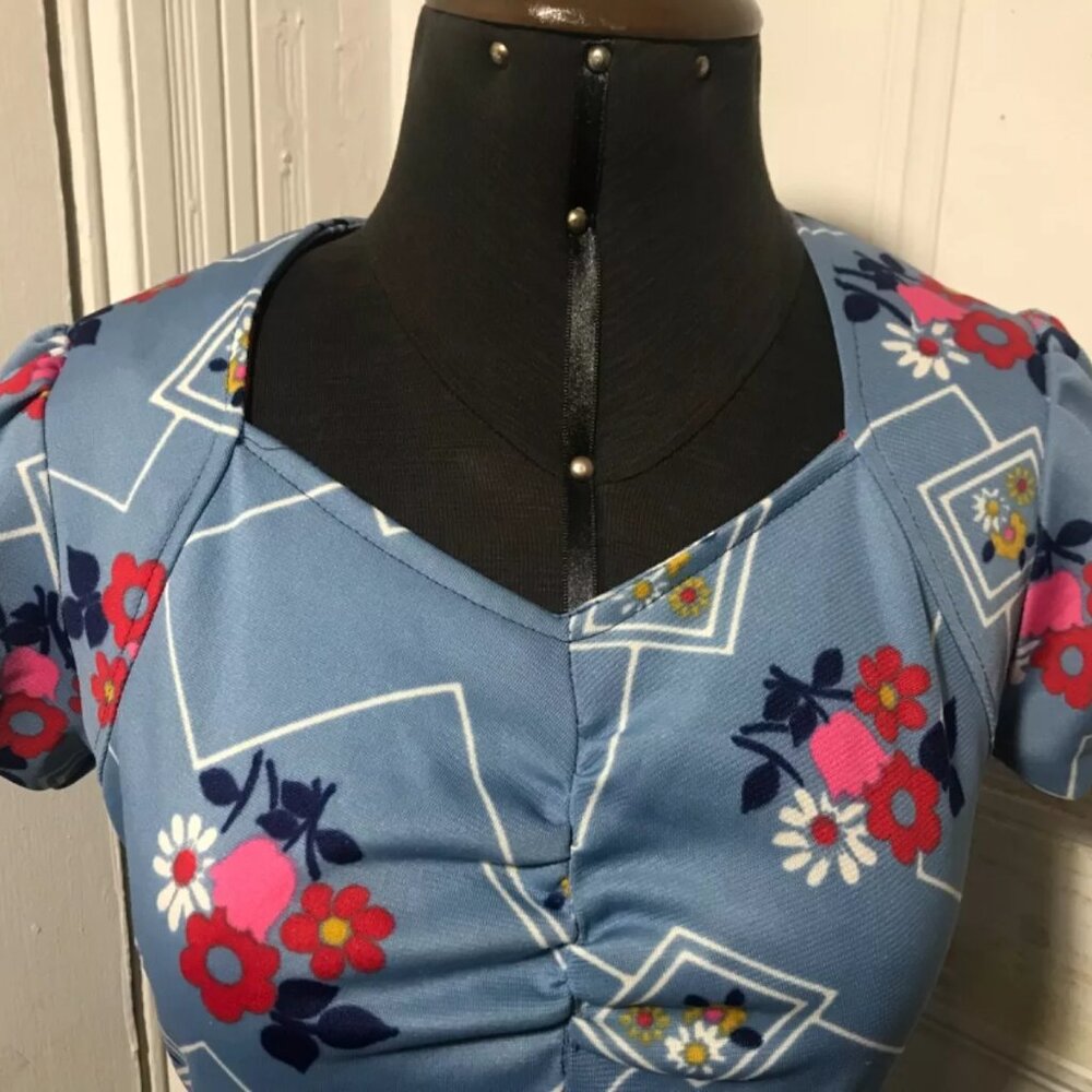 Vintage 40’s Style Floral Blue Peplum Skirt Dress Size Medium